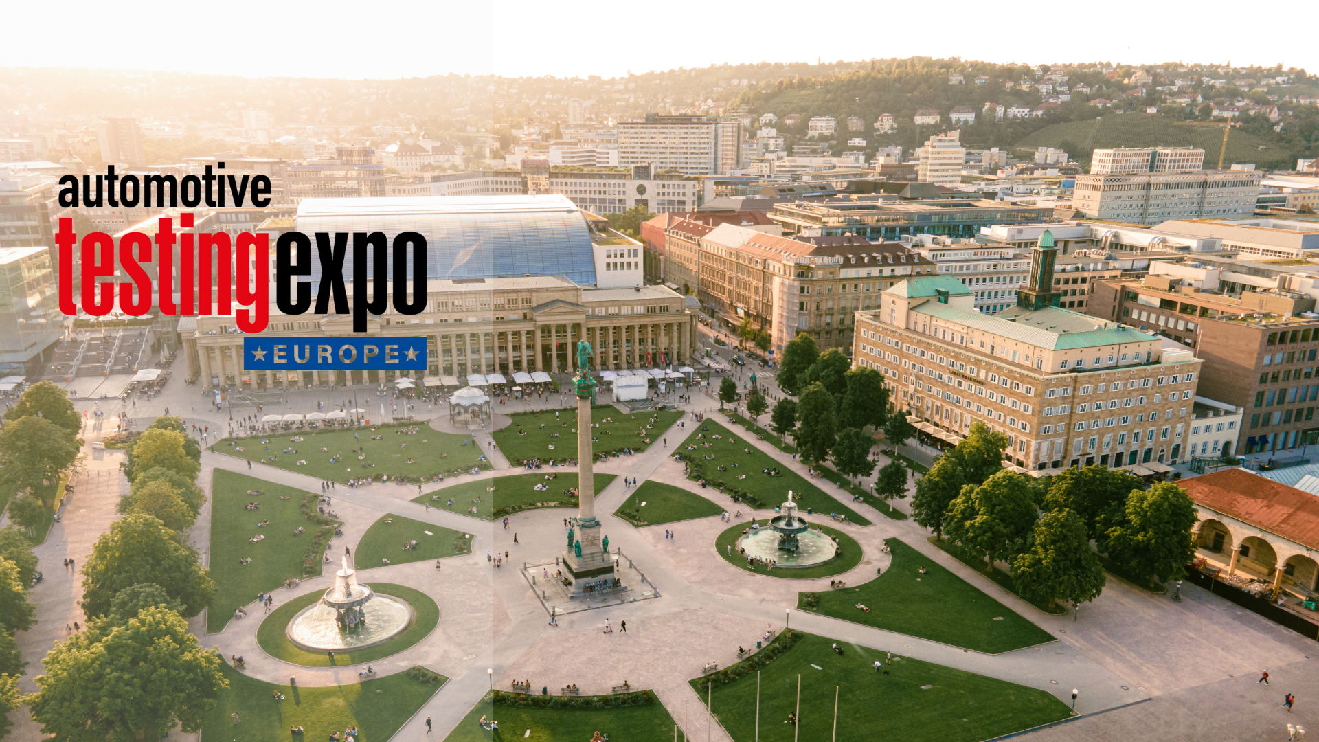 An Aerial view of Stuttgart city with the Automotive Testing EXpo Europe logo on the upper right hand corner.