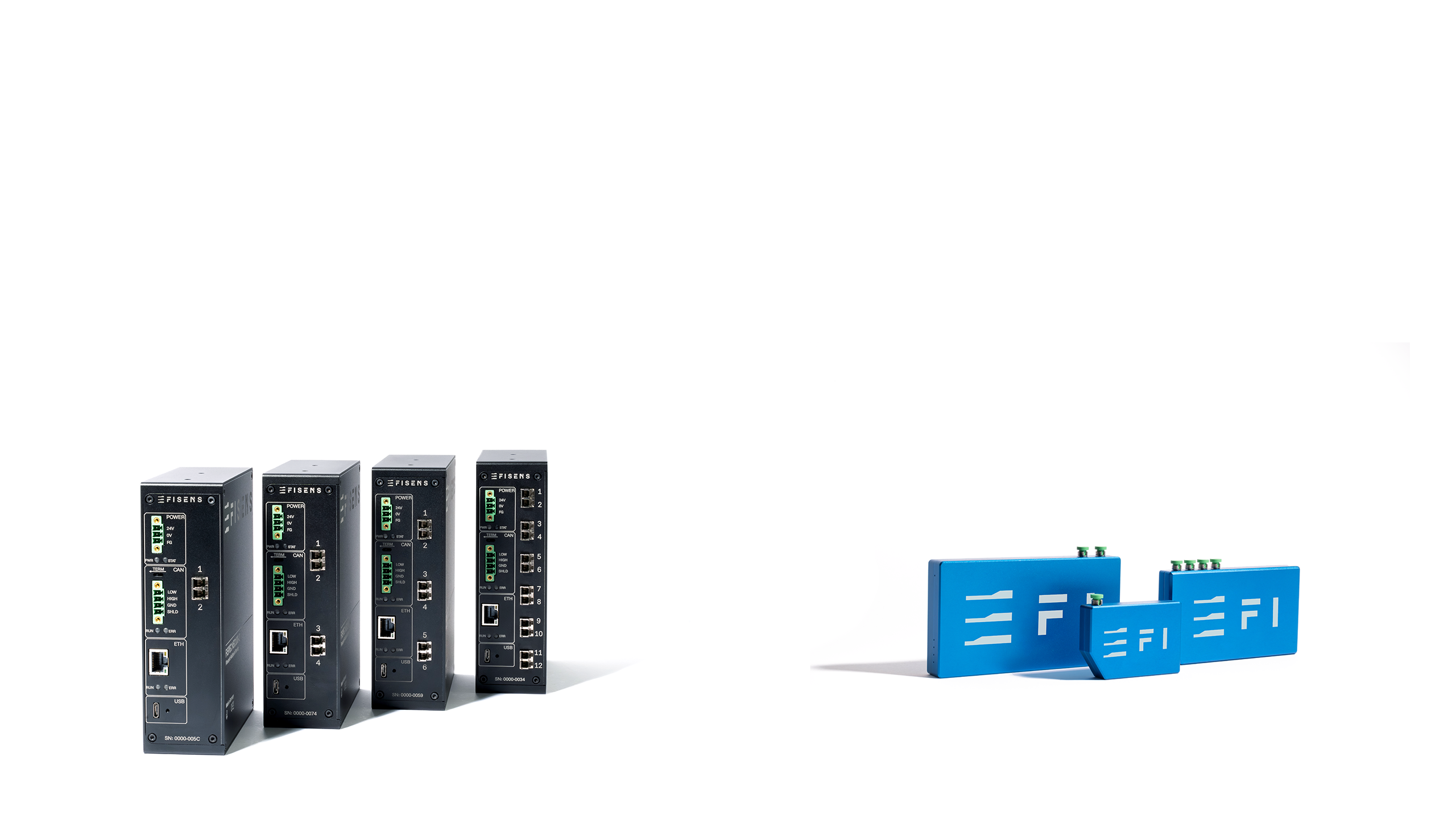 FiSens FiSpec X400, FiSens FiSpec X1002, and FiSens X100 placed on the right, a FiSpec NEO 30-6, a FiSpec NEO 30-12, a FiSpec NEO 100-2 and a FiSpec NEO100-4 placed on the left